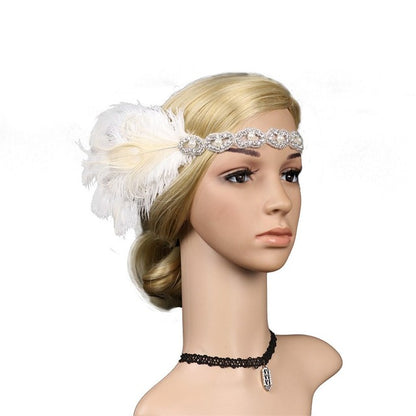 Gatsby 1920's pearl bead headband with cream and white feathers to the side