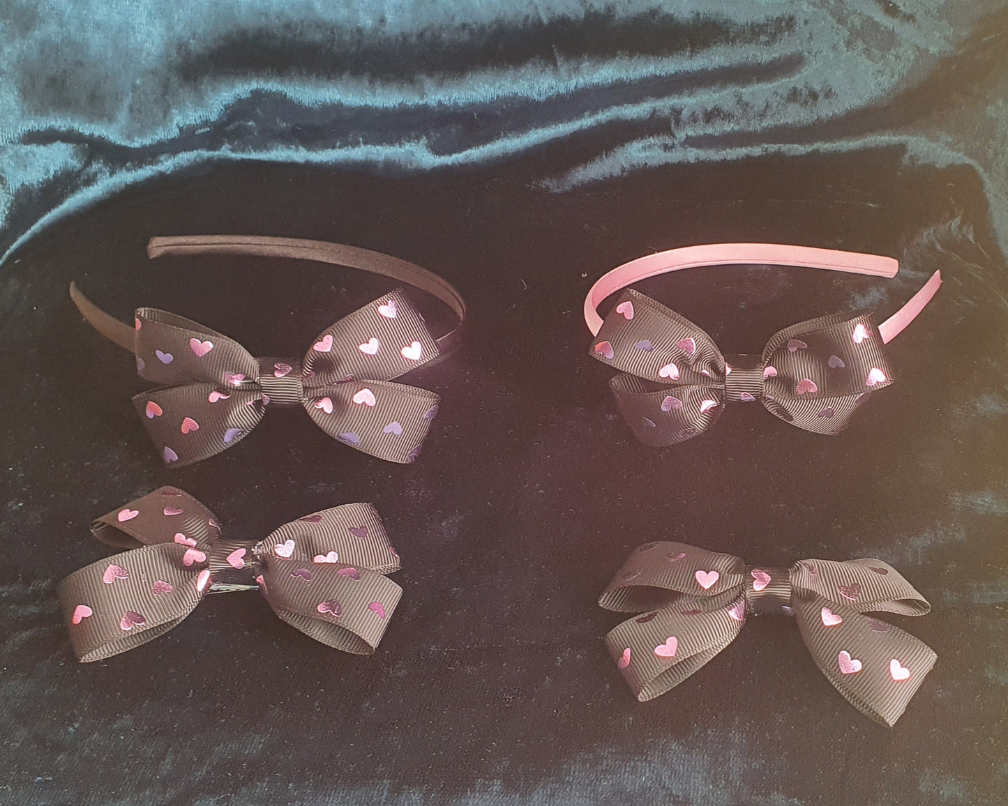 Satin Headbands with black and pink heart ribbon bow and matching ribbon bow clip set