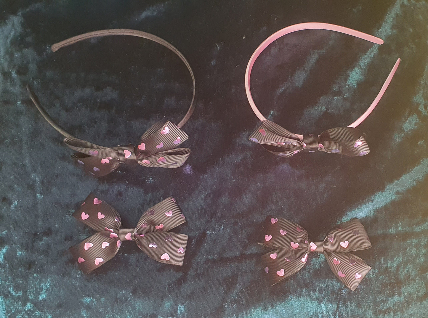 Satin Headbands with black and pink heart ribbon bow and matching ribbon bow clip set