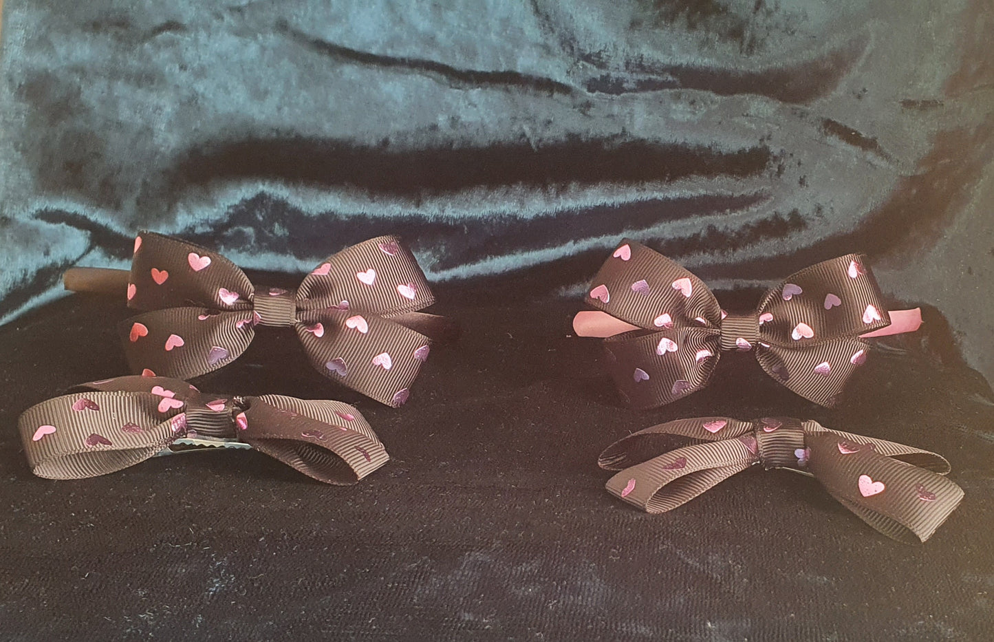 Satin Headbands with black and pink heart ribbon bow and matching ribbon bow clip set