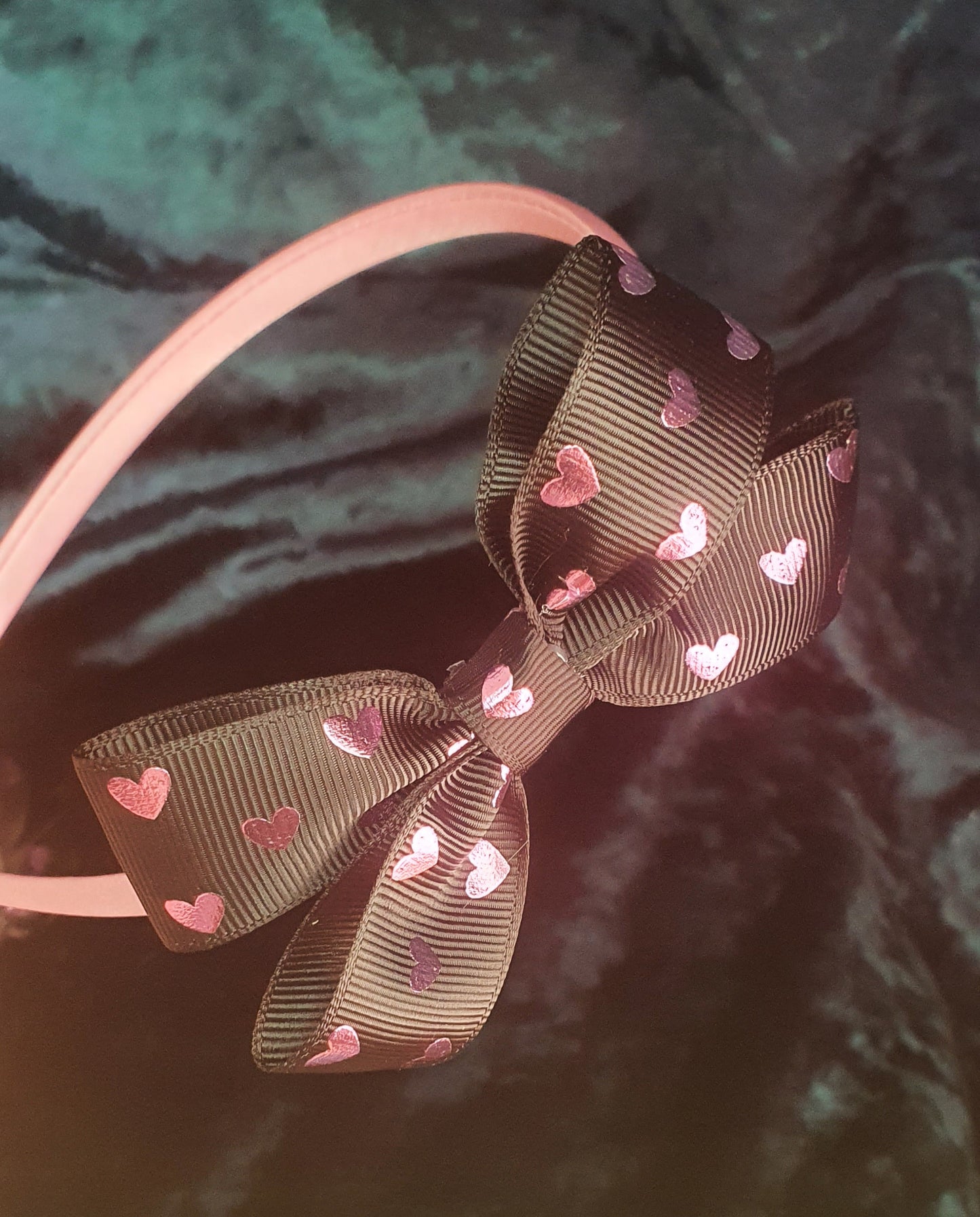 Satin Headbands with black and pink heart ribbon bow and matching ribbon bow clip set