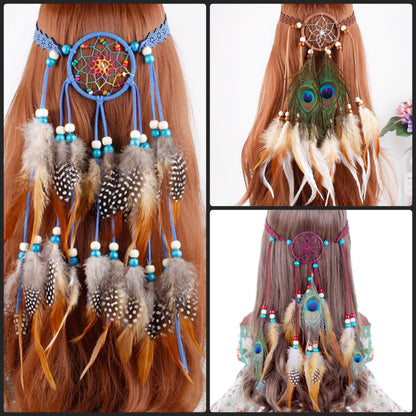 Bohemian feather and bead dream catcher headband hair accessory