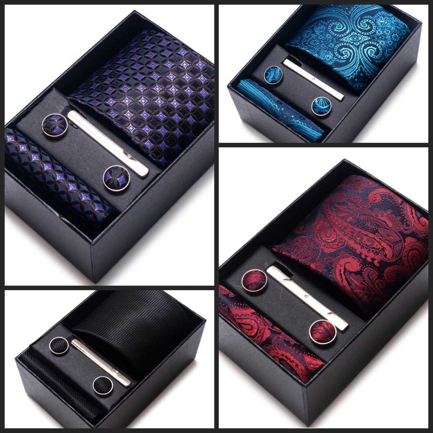 Jacquard neck tie set with tie clip, pocket square handkerchief and cufflinks