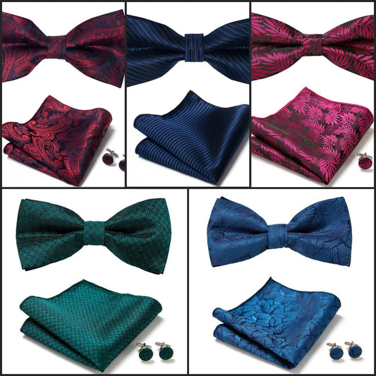 collection of all 5 styles of Bow tie cufflink pocket square paisley set