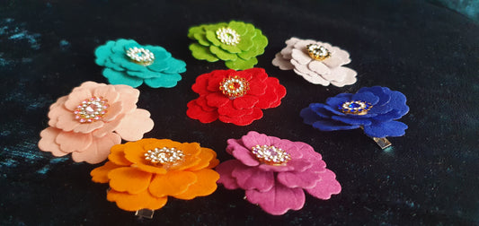 velvet flower and rhinestone hair clip