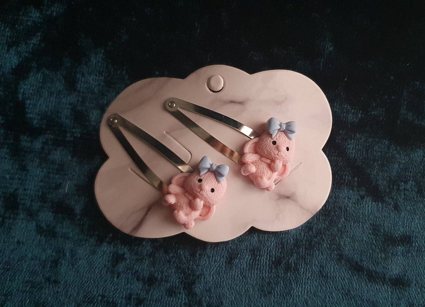 silver snap clip set of 2 pink bunnies wearing a blue bow