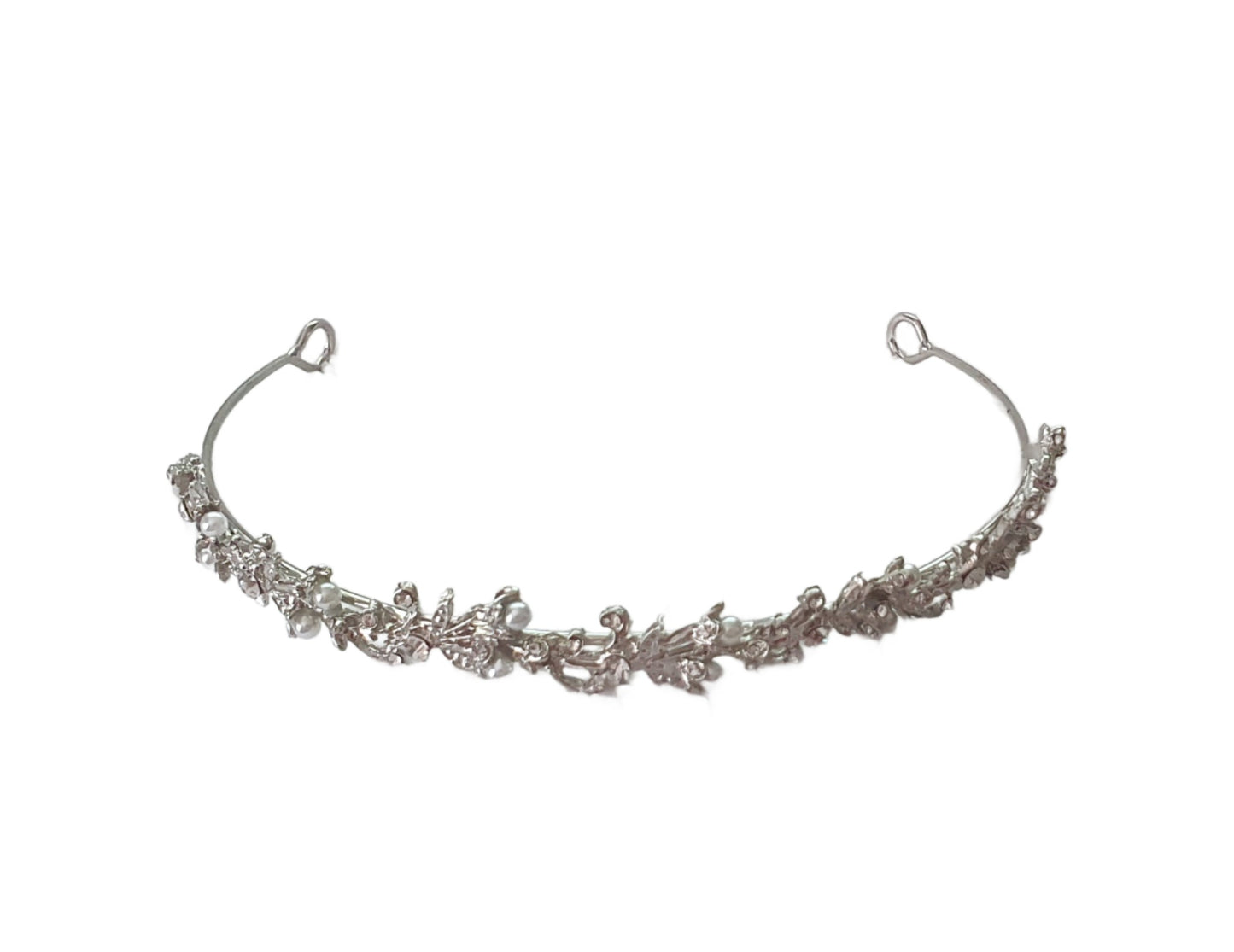 flower and leaf tiaras with clear crystal rhinestones and faux pearl beads