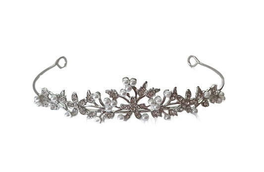 flower and leaf tiaras with clear crystal rhinestones and faux pearl beads