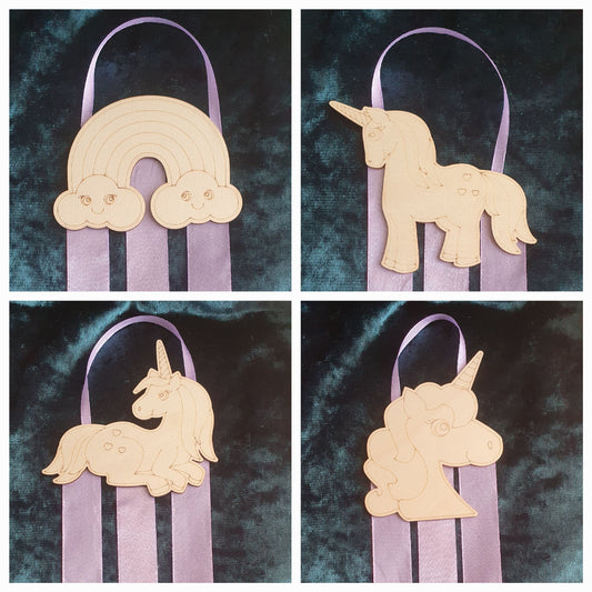 Wooden colour your own unicorn rainbow bow and clip holder with ribbon