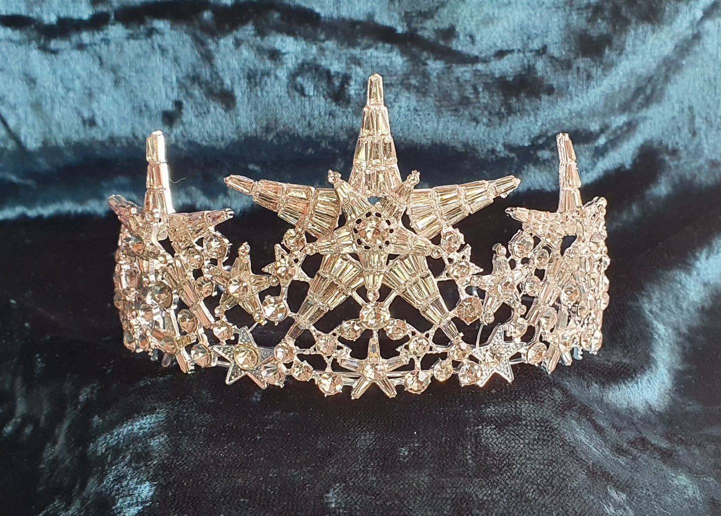 Royal Regal Queen Silver Star Celestial Crystal Crusted Iced Bling Crown Tiara