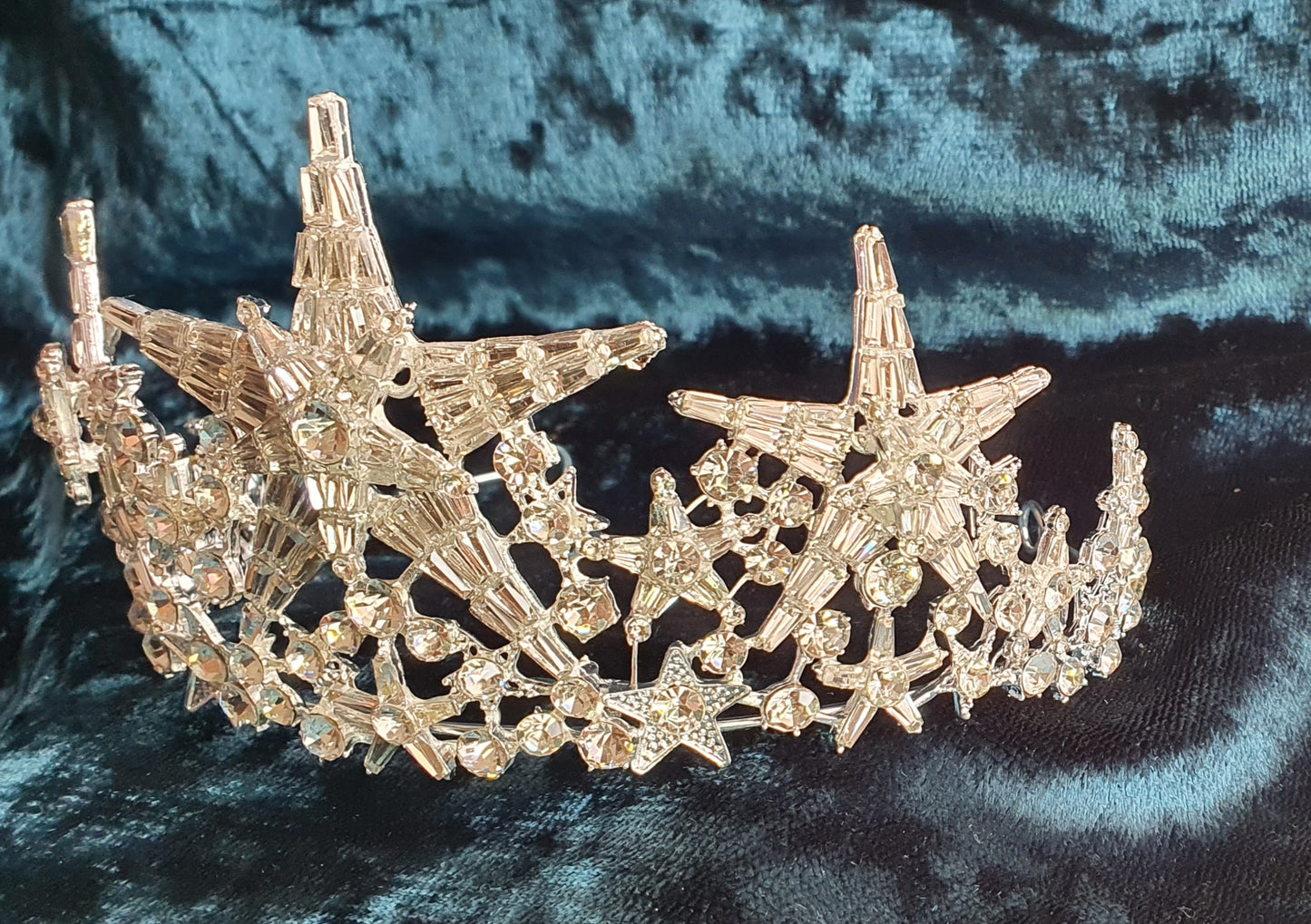 Royal Regal Queen Silver Star Celestial Crystal Crusted Iced Bling Crown Tiara