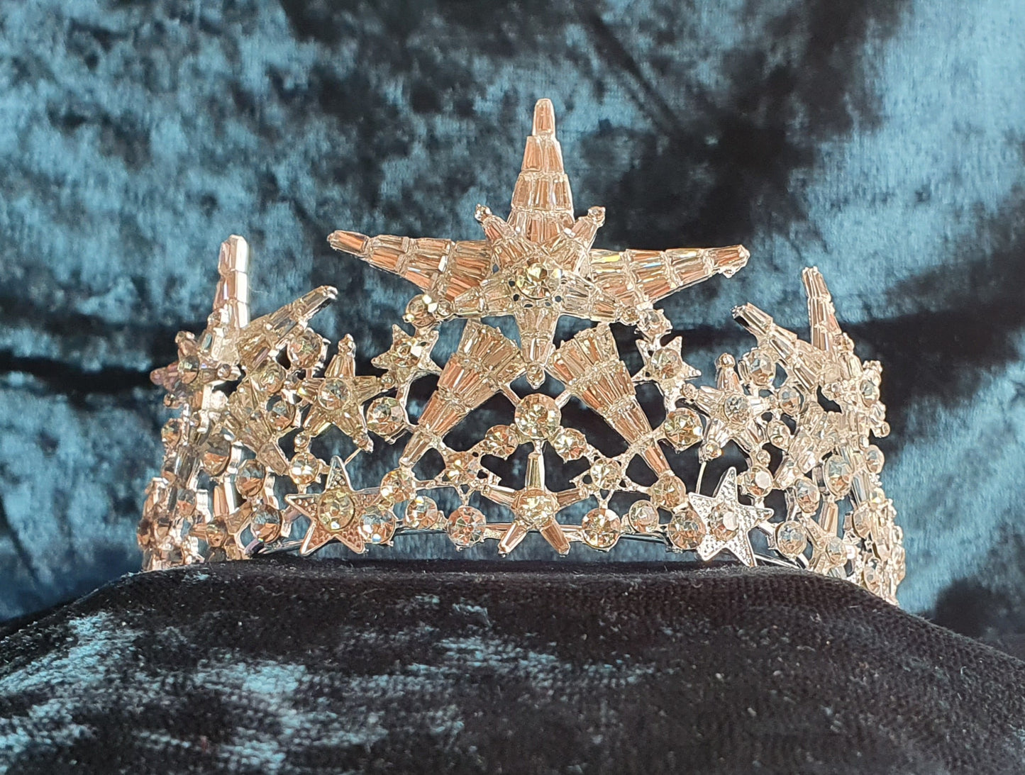 Royal Regal Queen Silver Star Celestial Crystal Crusted Iced Bling Crown Tiara