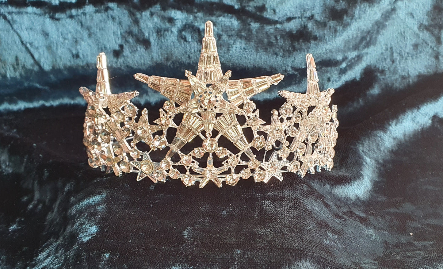 Royal Regal Queen Silver Star Celestial Crystal Crusted Iced Bling Crown Tiara