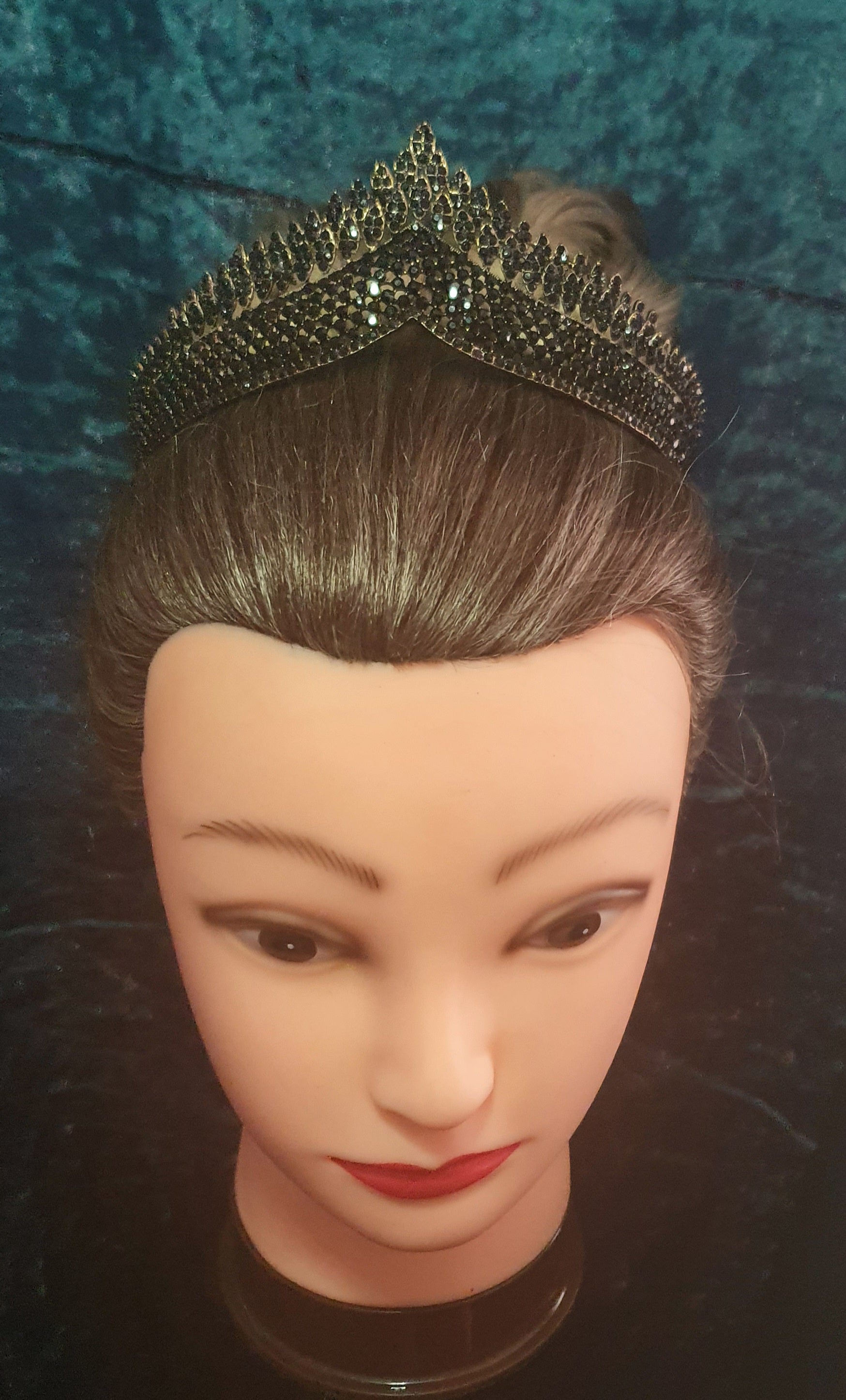 lovely black rhinestone tiara - the whole tiara is covered in small black rhinestone crystals the top half has a leafy type design to it