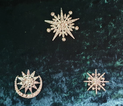 Sun and moon star snowflake silver crystal brooch pin