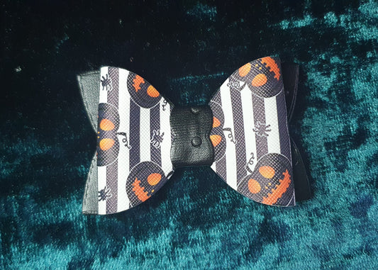 Halloween Themed Hair Bow Faux Leather Black White & Orange Pumpkin Spider Striped Hair Bow