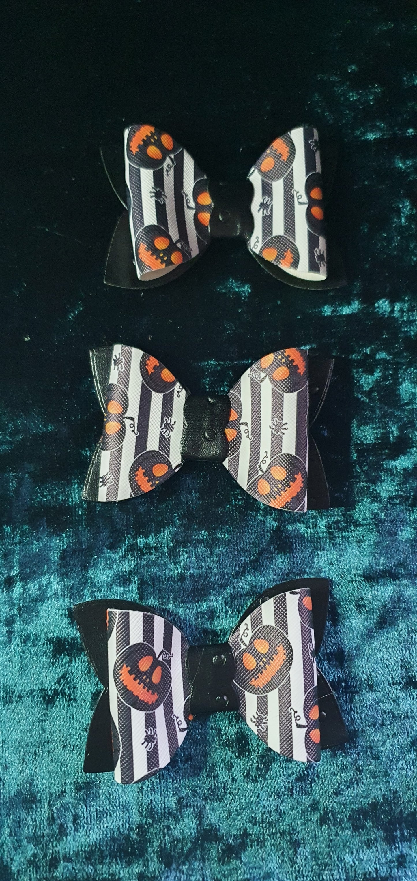 Halloween Themed Hair Bow Faux Leather Black White & Orange Pumpkin Spider Striped Hair Bow