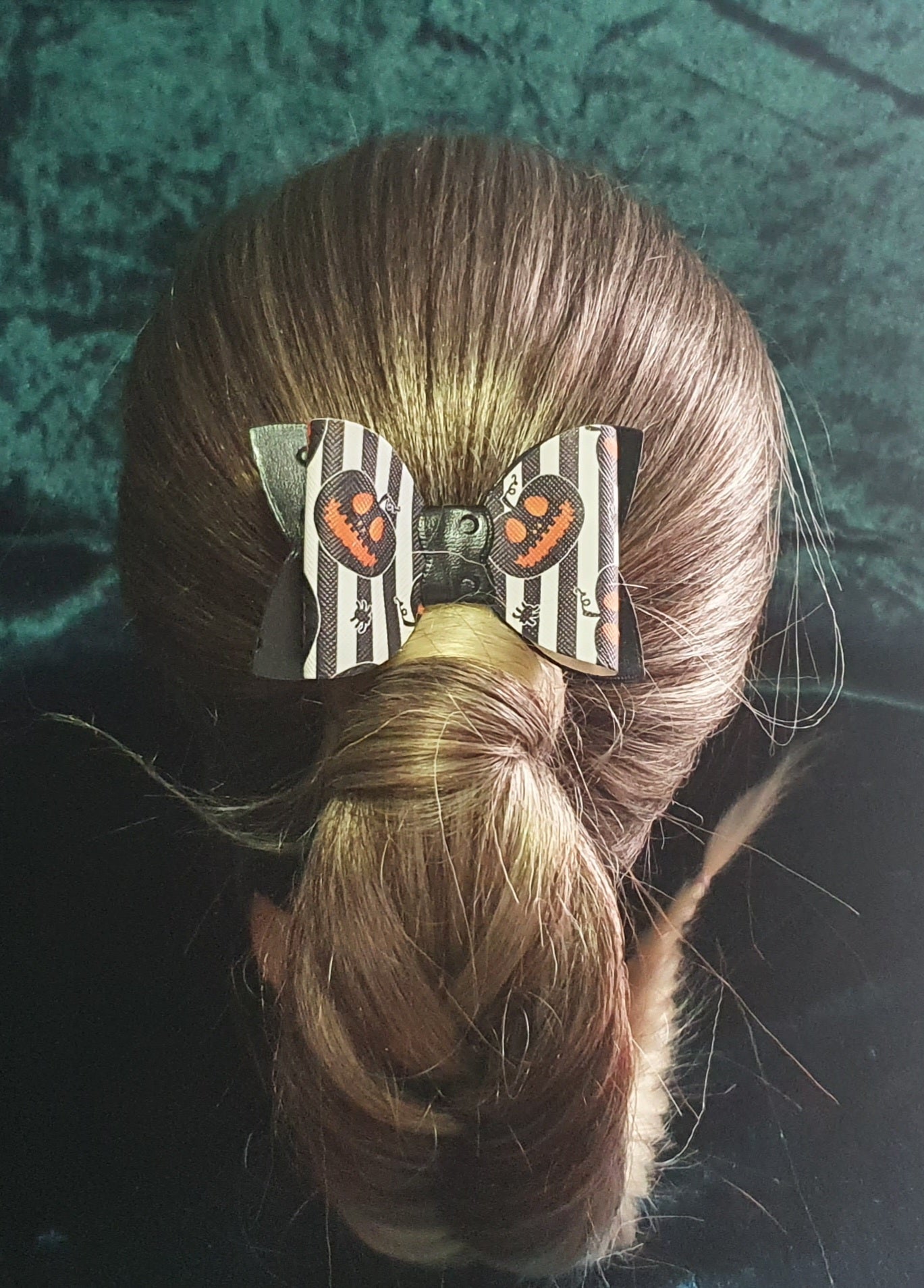 Halloween Themed Hair Bow Faux Leather Black White & Orange Pumpkin Spider Striped Hair Bow