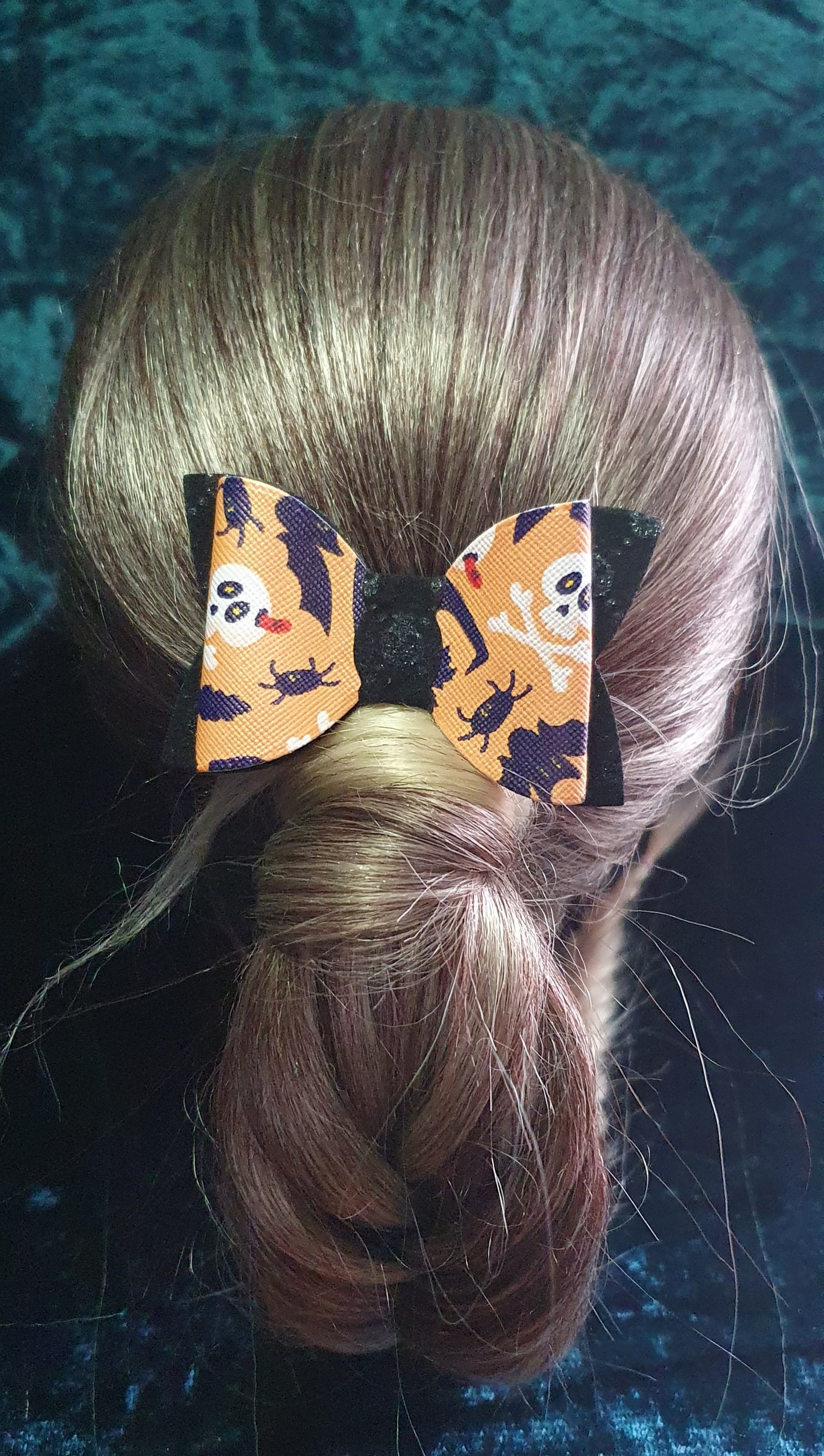 Halloween Orange & Black Skull Spider Bat Witches Hat Patterned Hair Bow