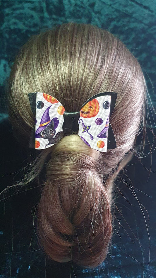 Halloween Themed Hair Bow Black Patterned Faux Leather Black Witches Cat Faux Leather Print