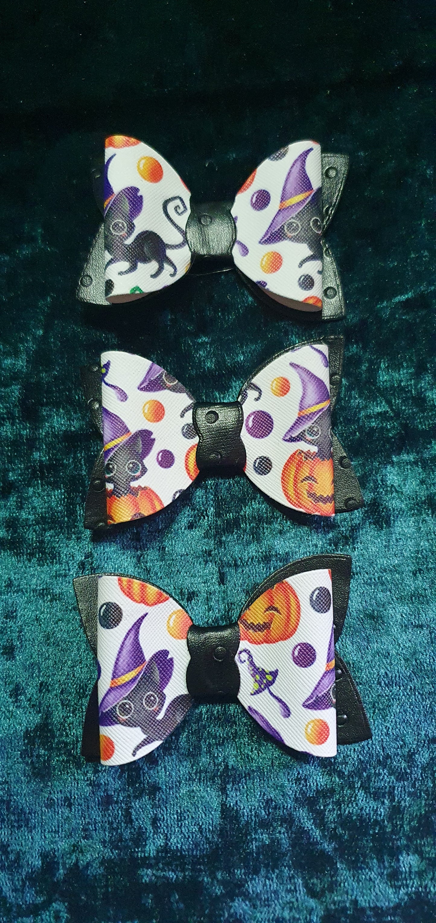 Halloween Themed Hair Bow Black Patterned Faux Leather Black Witches Cat Faux Leather Print