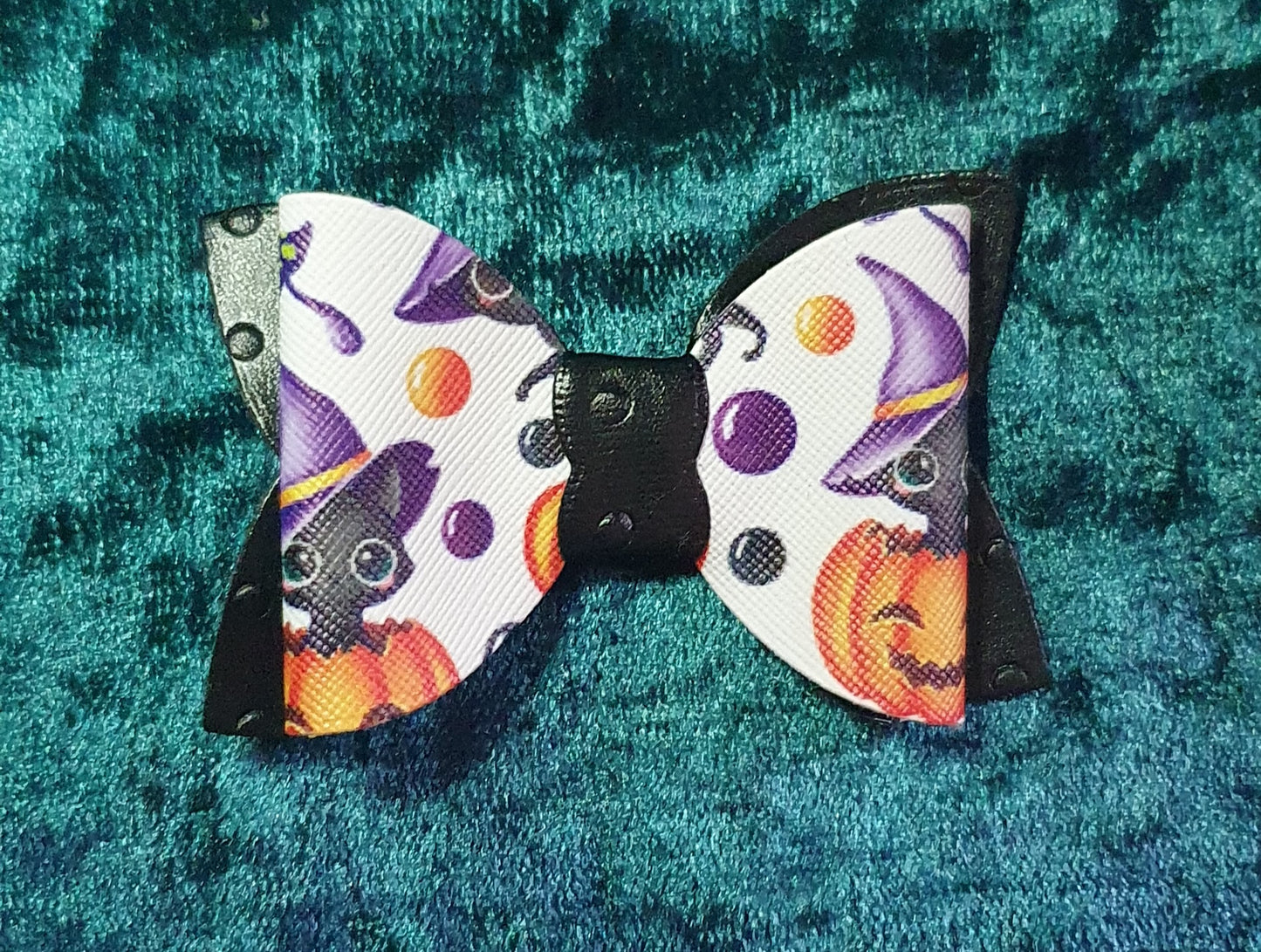 Halloween Themed Hair Bow Black Patterned Faux Leather Black Witches Cat Faux Leather Print