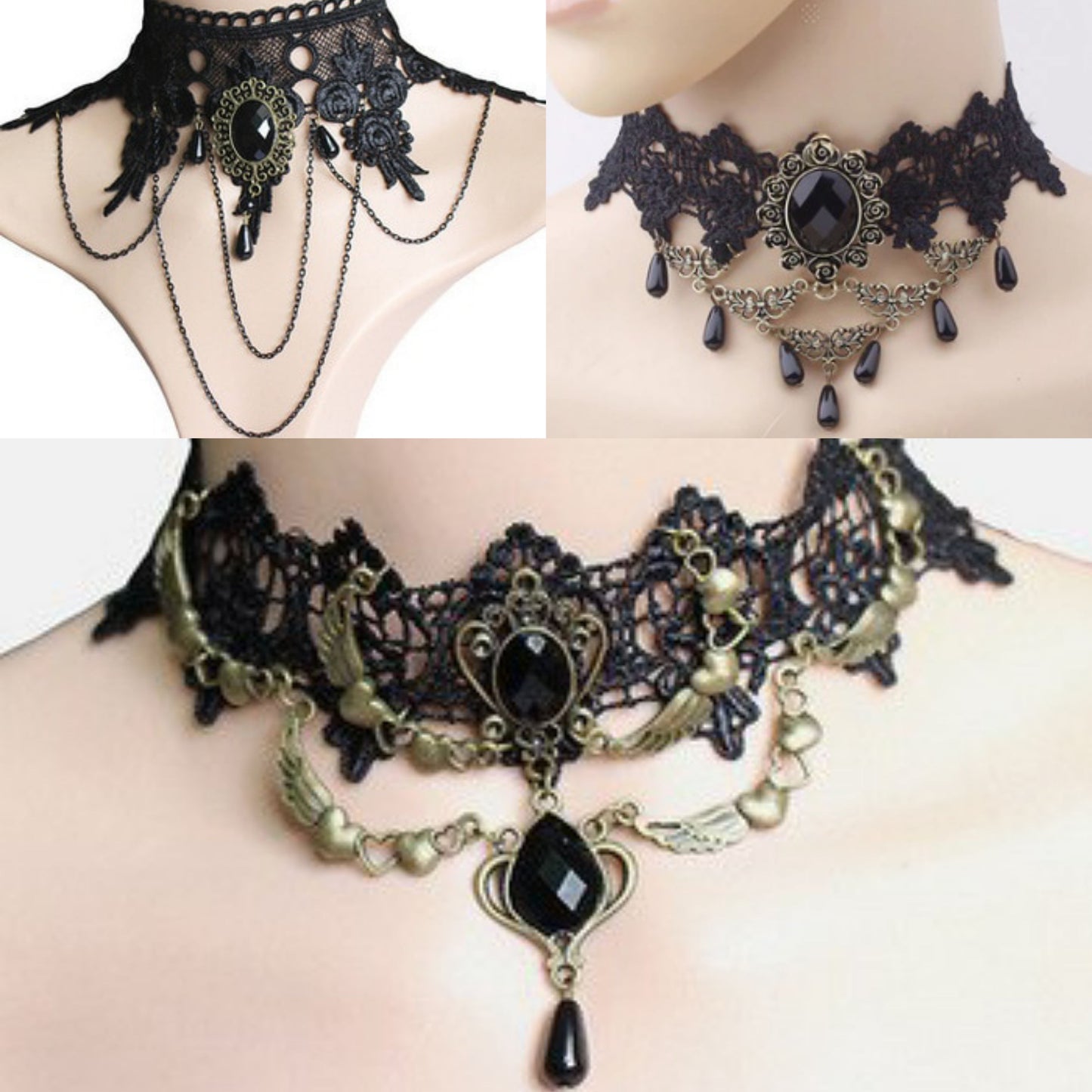 Vintage gothic wiccan pagan black lace choker necklaces