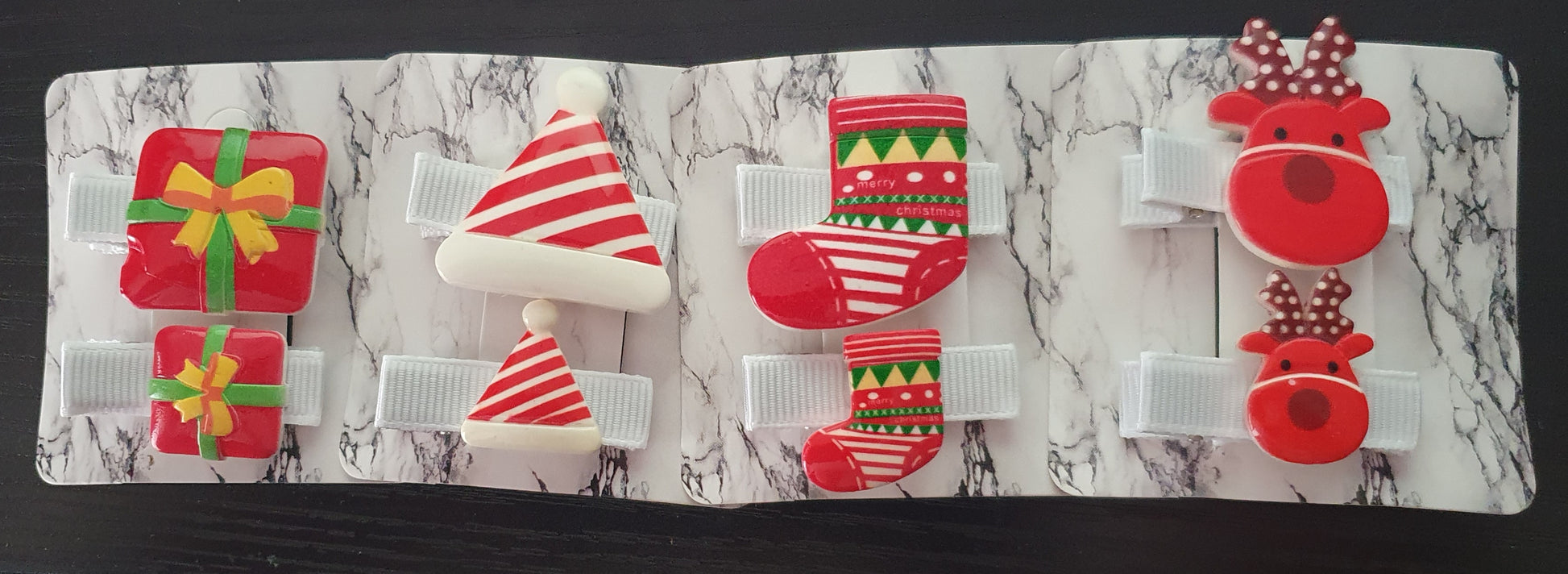 Cute little Christmas clips  Ceramic decorations on ribbon covered crocodile clips