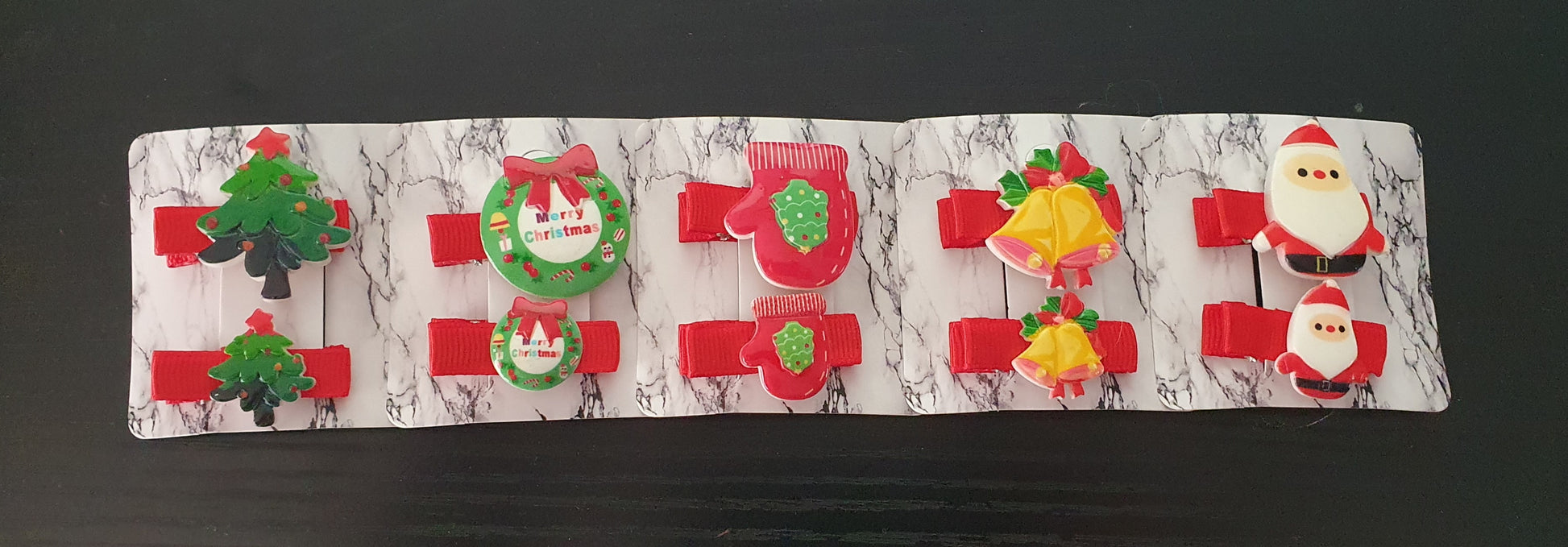 Cute little Christmas clips  Ceramic decorations on ribbon covered crocodile clips