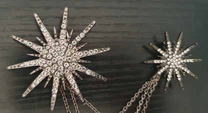 Double star brooch with connecting chain black gold silver pin brooch with crystal rhinestones