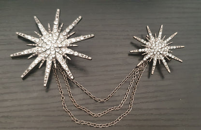 Double star brooch with connecting chain black gold silver pin brooch with crystal rhinestones