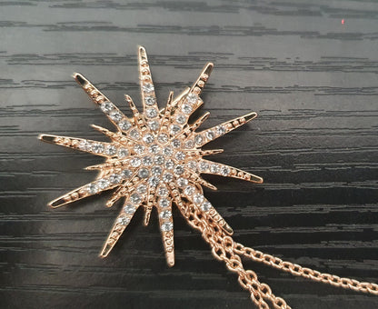 Double star brooch with connecting chain black gold silver pin brooch with crystal rhinestones