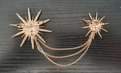 Double star brooch with connecting chain black gold silver pin brooch with crystal rhinestones