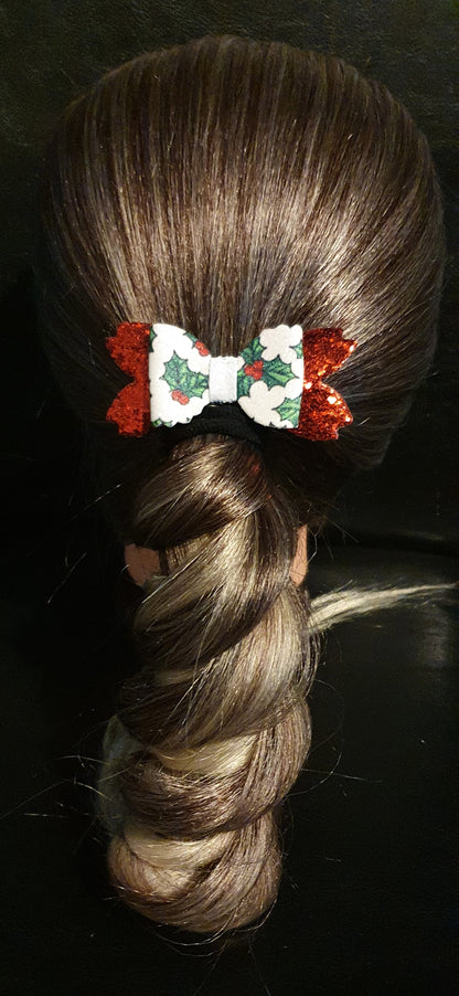 Christmas Holly Mistletoe Sparkly Red, Green & White Hair bow