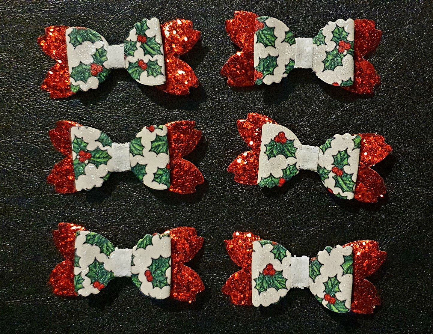 Christmas Holly Mistletoe Sparkly Red, Green & White Hair bow