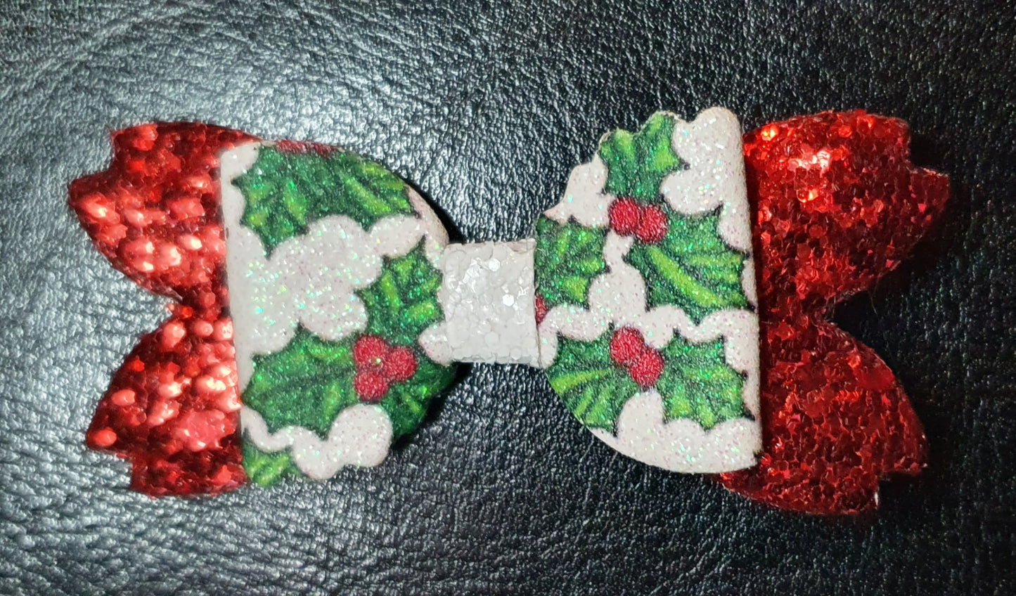 Christmas Holly Mistletoe Sparkly Red, Green & White Hair bow