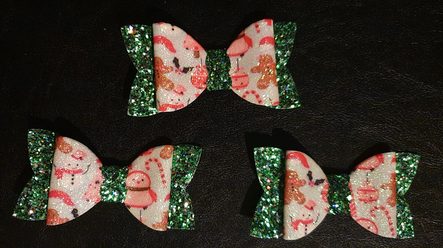 Christmas Sparkly Green/Patterned Christmas Hair Bows Penguin, Santa Hat, Bauble, Candy cane and Gingerbread