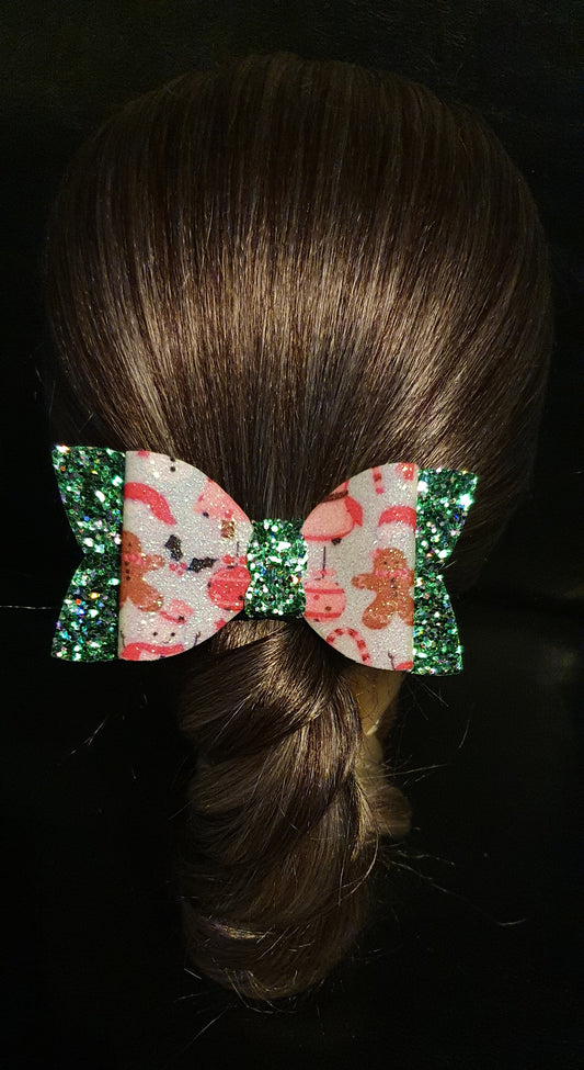 Christmas Sparkly Green/Patterned Christmas Hair Bows Penguin, Santa Hat, Bauble, Candy cane and Gingerbread