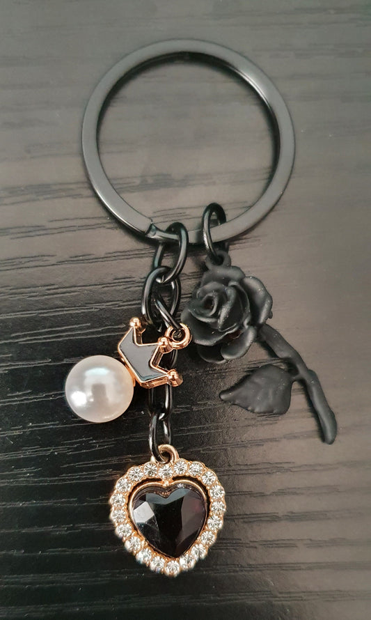 Black keyring keychain with pearl bead, crown, heart and rose