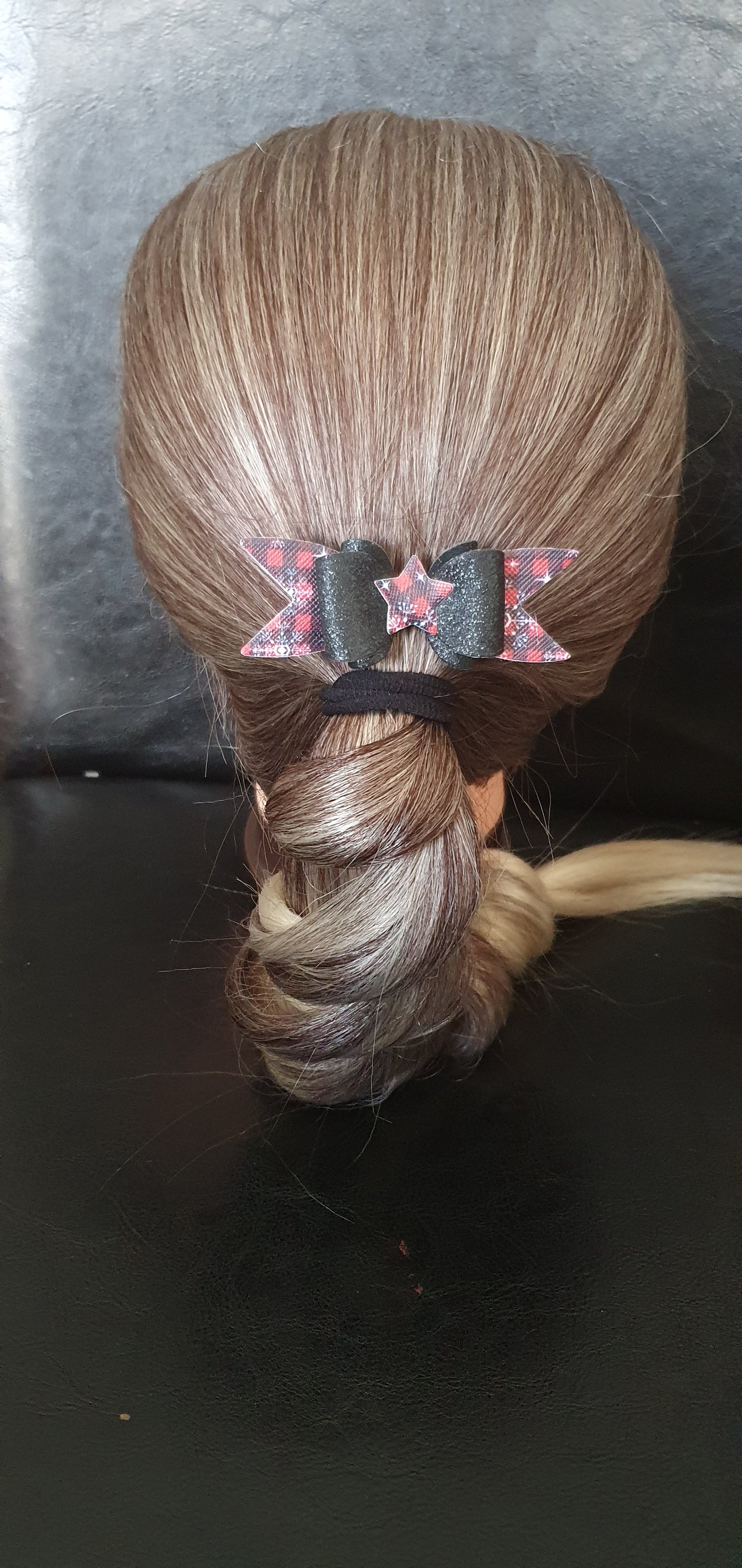 Christmas black and red checked hair bow with star centre