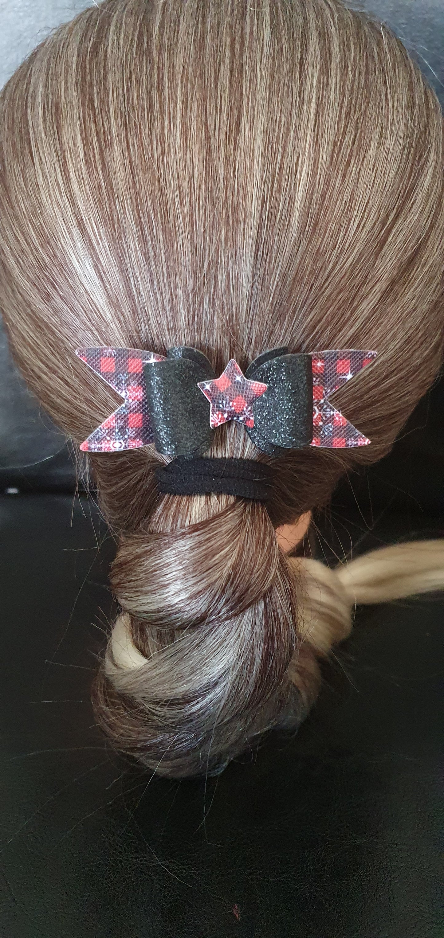 Christmas black and red checked hair bow with star centre