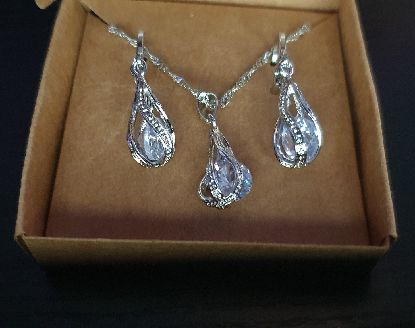 Silver droplet with cubic zirconia necklace and earring set