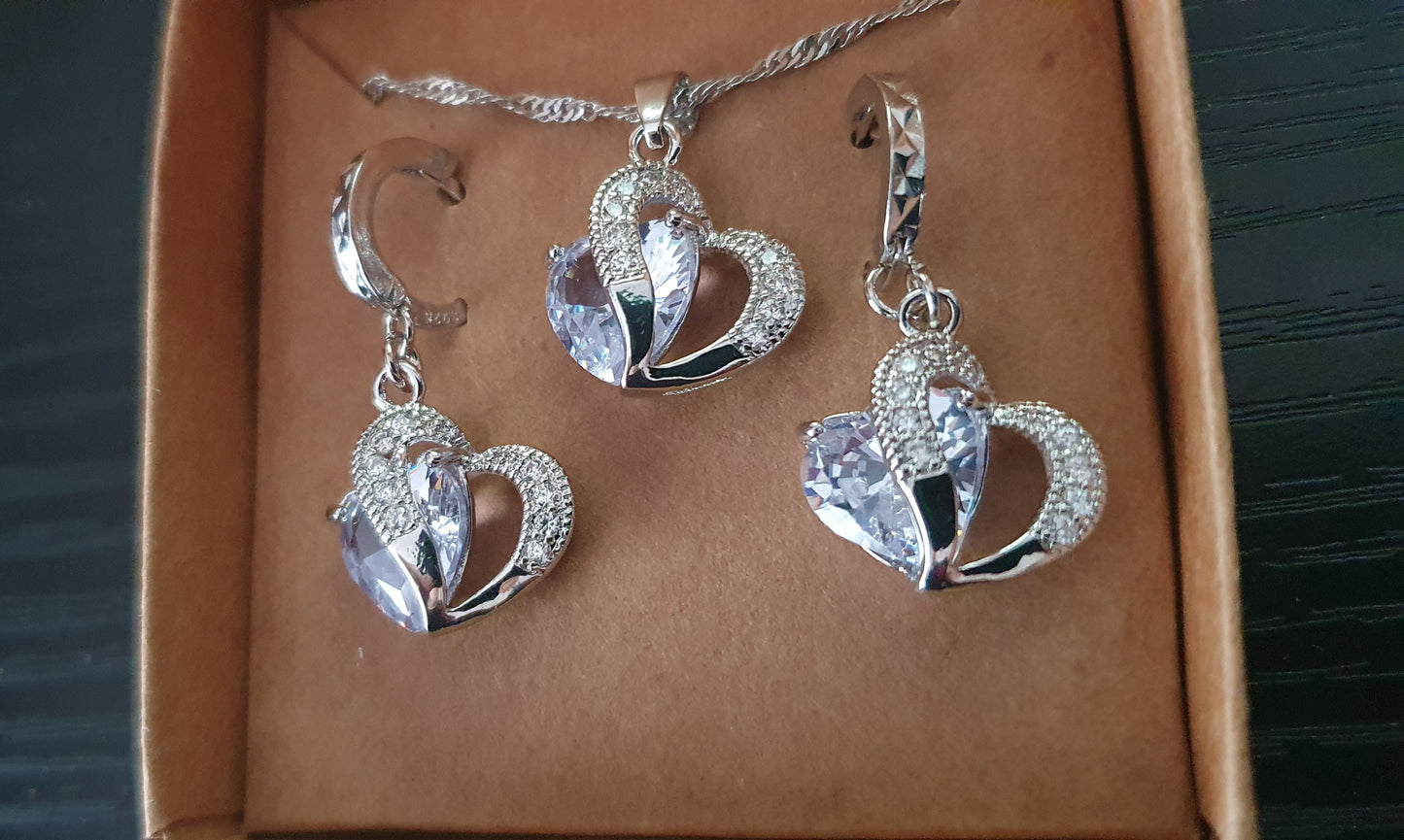 Double Heart Cubic Zirconia Necklace And Earring Set