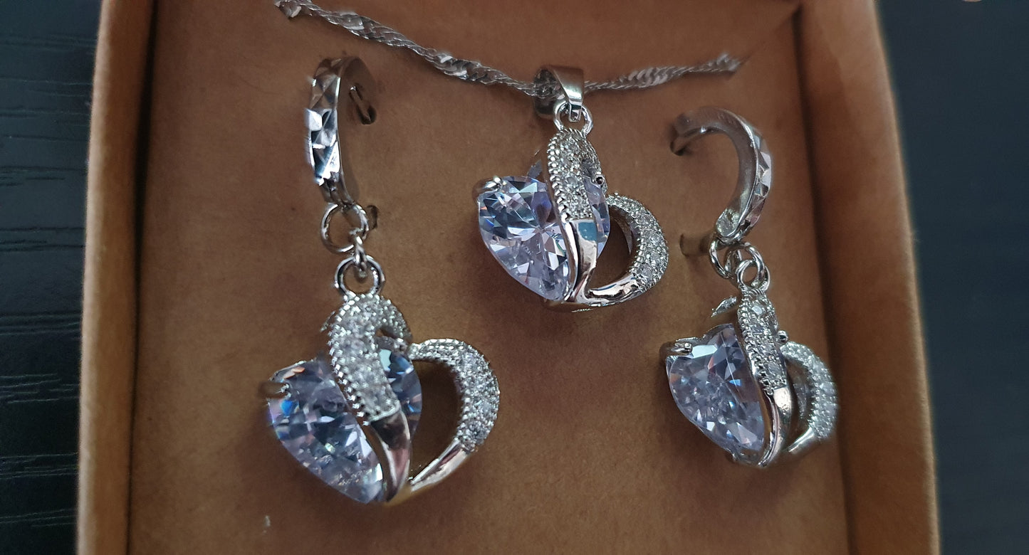 Double Heart Cubic Zirconia Necklace And Earring Set