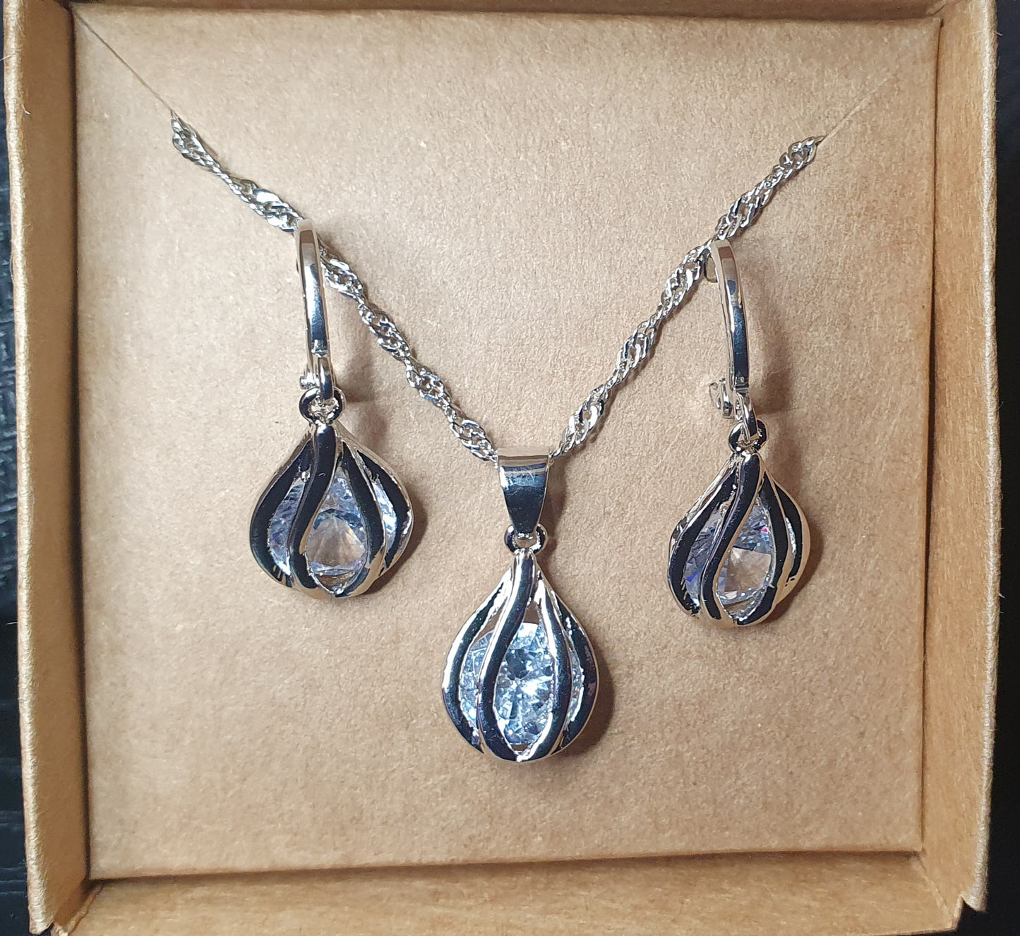 Caged Cubic Zirconia Necklace And Earring Set