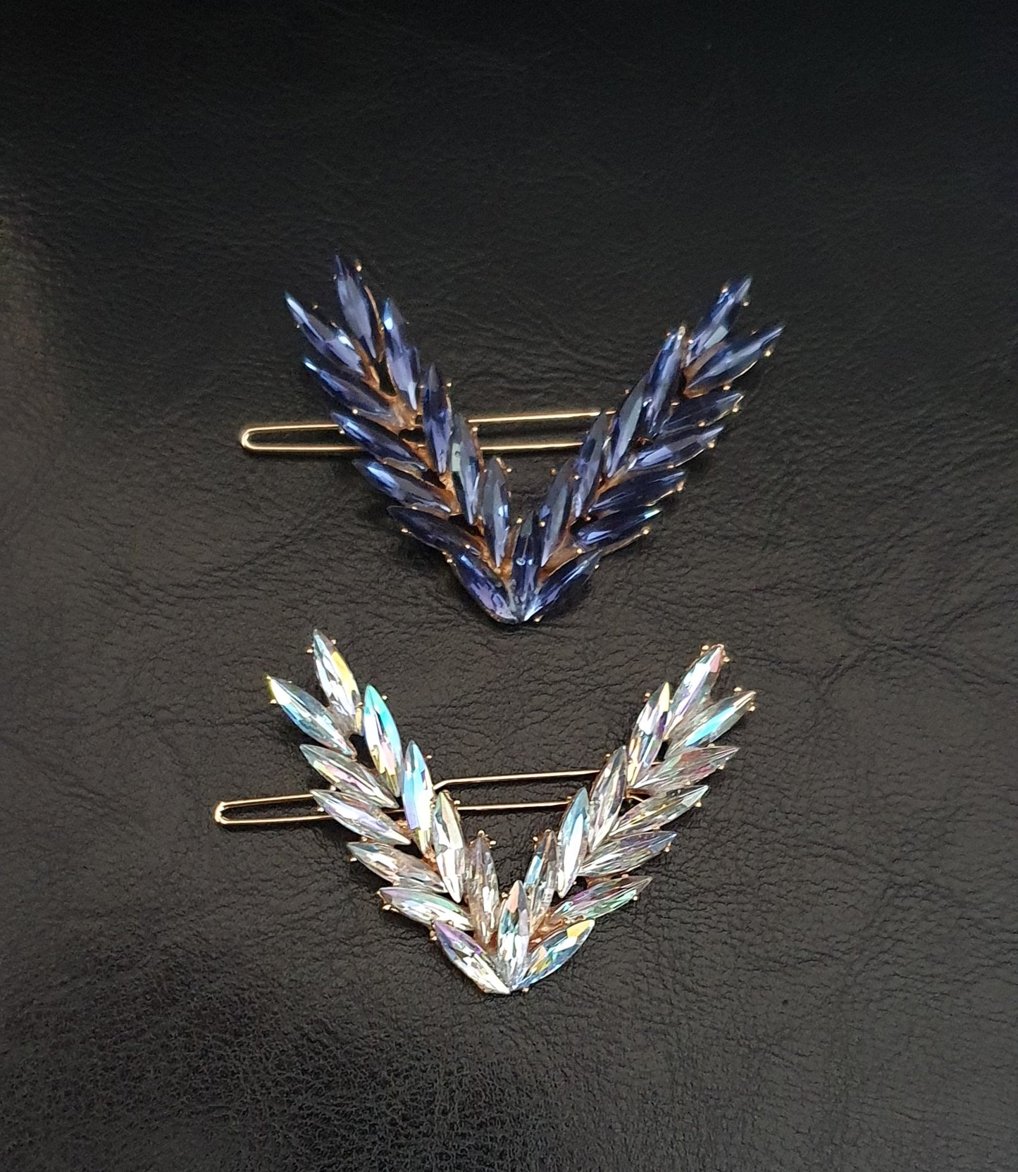 Crystal Rhinestone V Shaped Leaf Feather Hair Clip