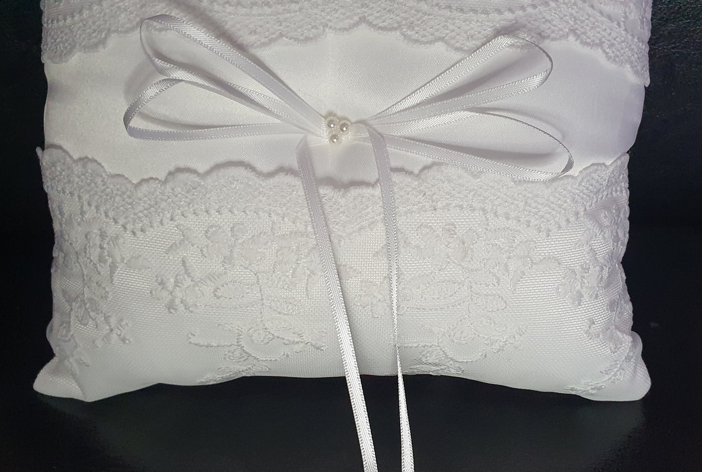 Wedding ceremony lace pearl bead and ribbon ring bearer pillow cushion