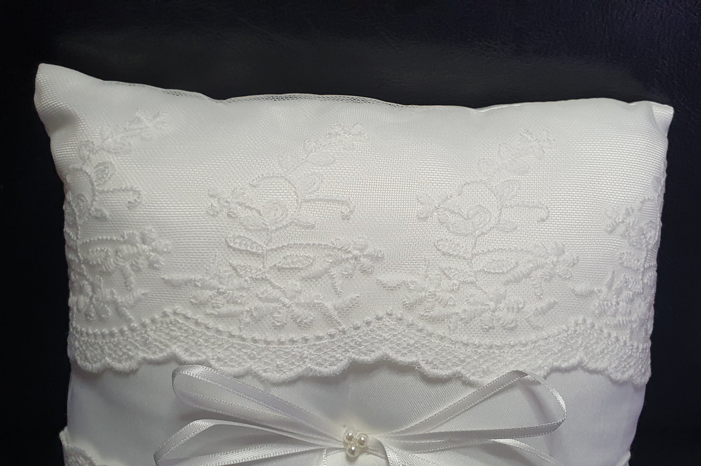 Wedding ceremony lace pearl bead and ribbon ring bearer pillow cushion