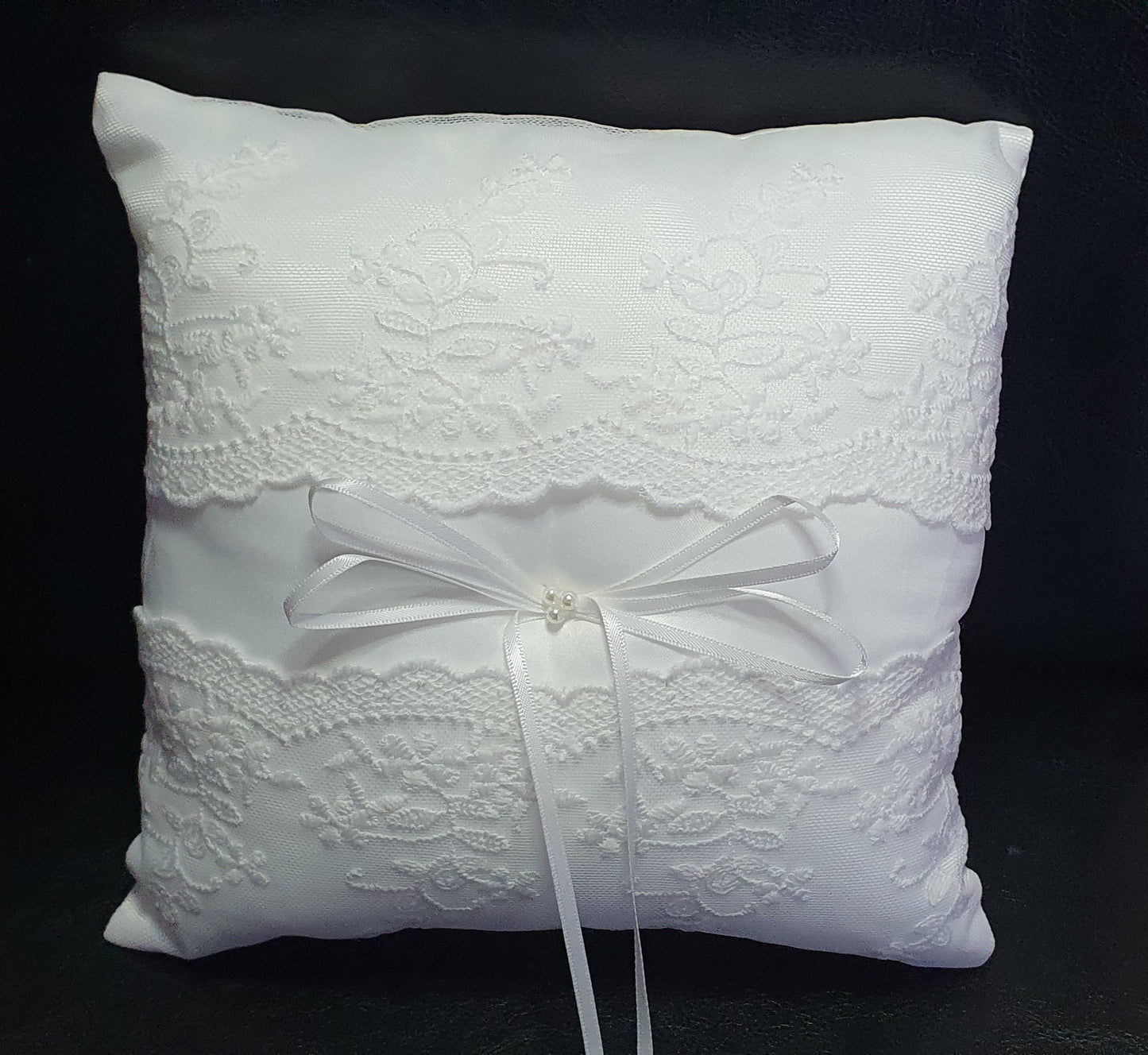 Wedding ceremony lace pearl bead and ribbon ring bearer pillow cushion