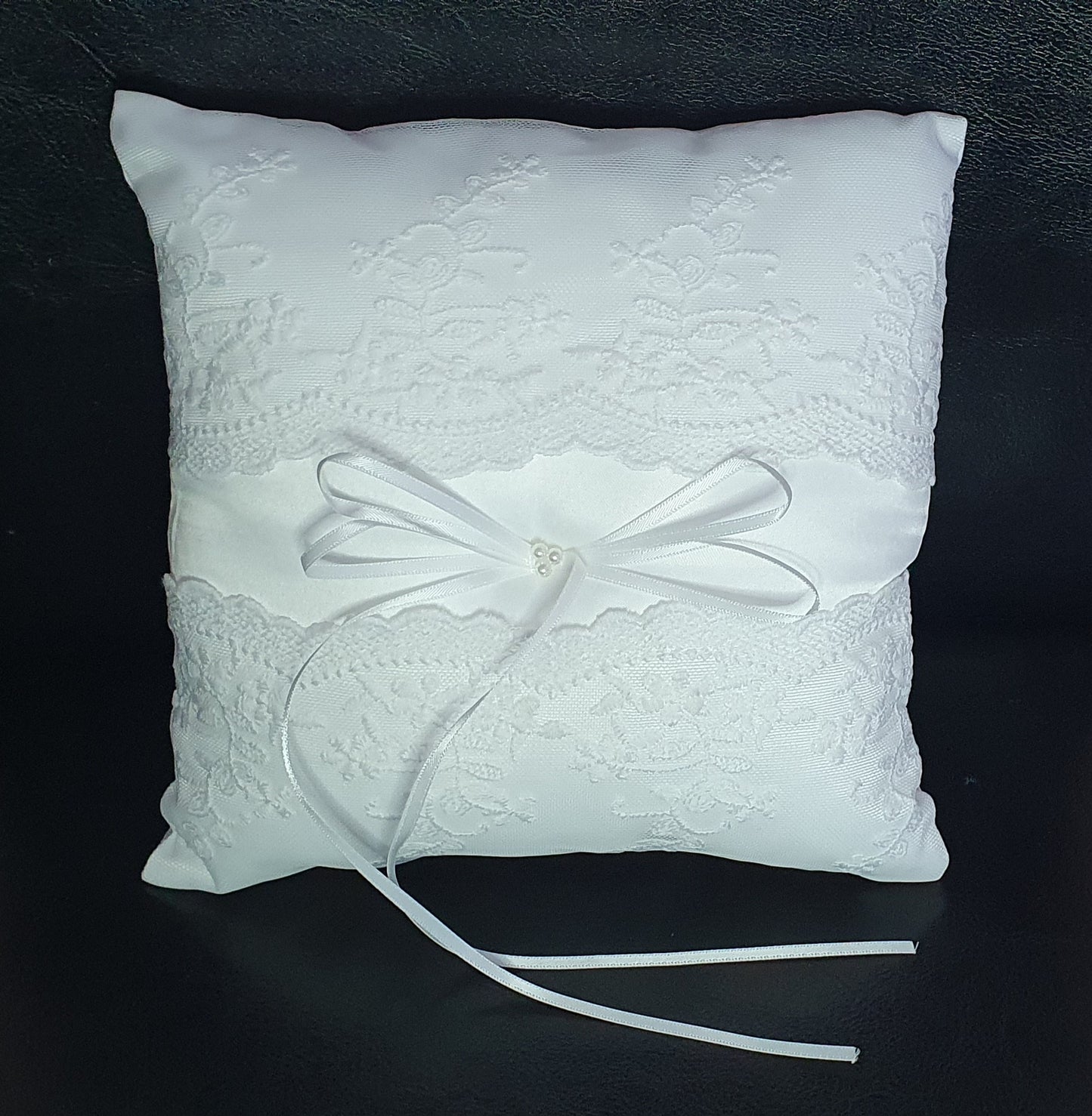 Wedding ceremony lace pearl bead and ribbon ring bearer pillow cushion